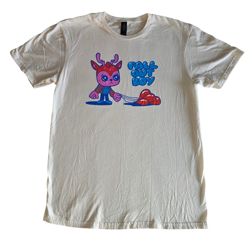 Fall Out Boy Graphic T-Shirt Gildan Softstyle Cream Deer Balloons Mens Medium